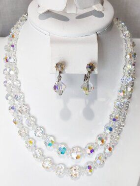 Vintage Signed Coro AB Crystal Necklace Earrings Set
